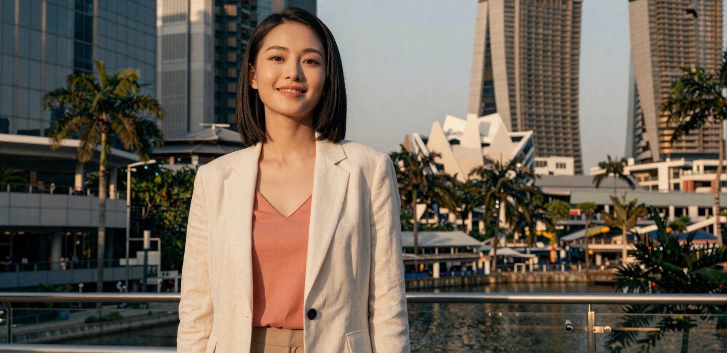 Beautiful Singaporean woman in stylish modern attire smiling confidently in cosmopolitan setting, representing Singaporean women dating on Dating-bay