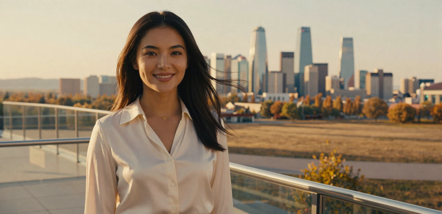 Beautiful Kazakh woman smiling confidently on modern Astana terrace at golden hour, representing Kazakh women dating on Dating-bay