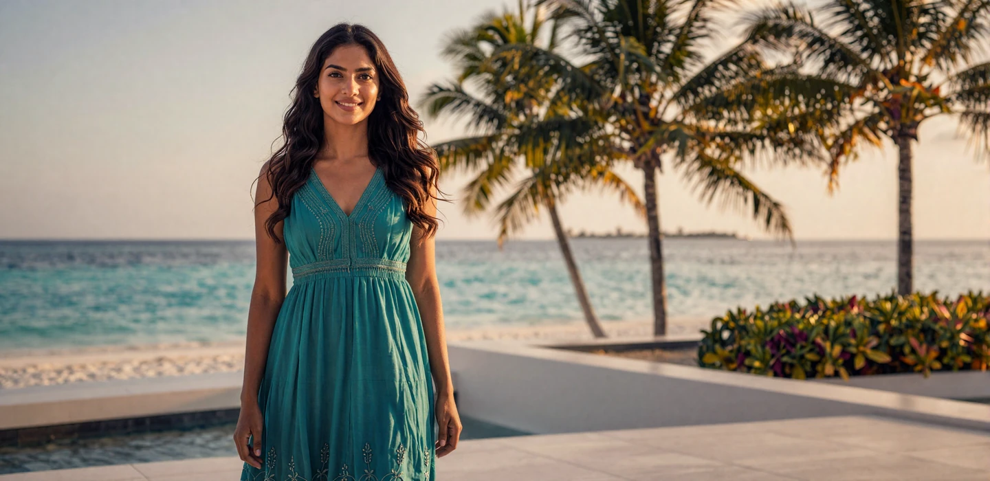 Beautiful Maldivian woman smiling warmly on a seaside terrace in Malé with turquoise ocean backdrop, representing Maldivian women dating on Dating-bay