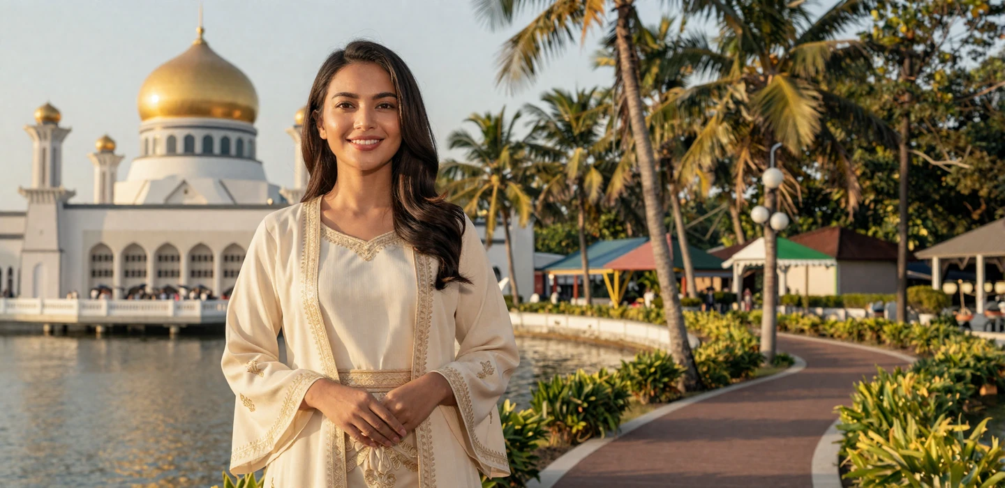 Beautiful Bruneian woman smiling warmly in elegant cream baju kurung near the Omar Ali Saifuddien Mosque in Bandar Seri Begawan, representing Bruneian women dating on Dating-bay