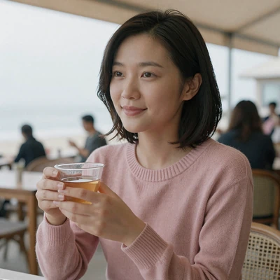 Zhiyu, 30, Taiwanese woman from Keelung enjoying tea at seaside cafe ready for dating on Dating-bay