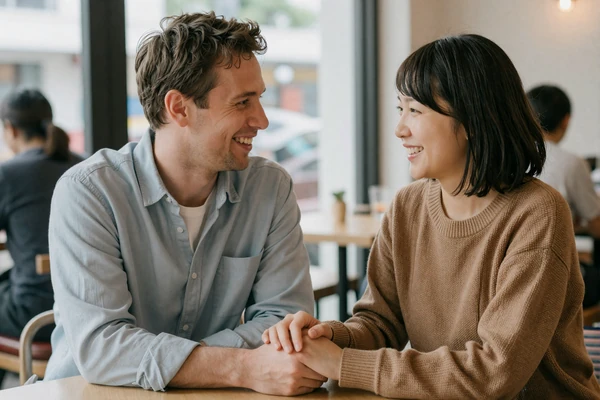 Happy interracial couple at cafe - successful asian women dating connection through Dating-bay