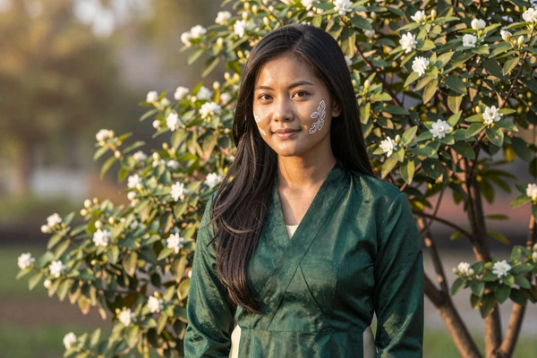 Burmese woman wearing traditional thanaka paste and elegant green silk htamein sarong, illustrating the timeless beauty traditions central to Burmese women dating culture