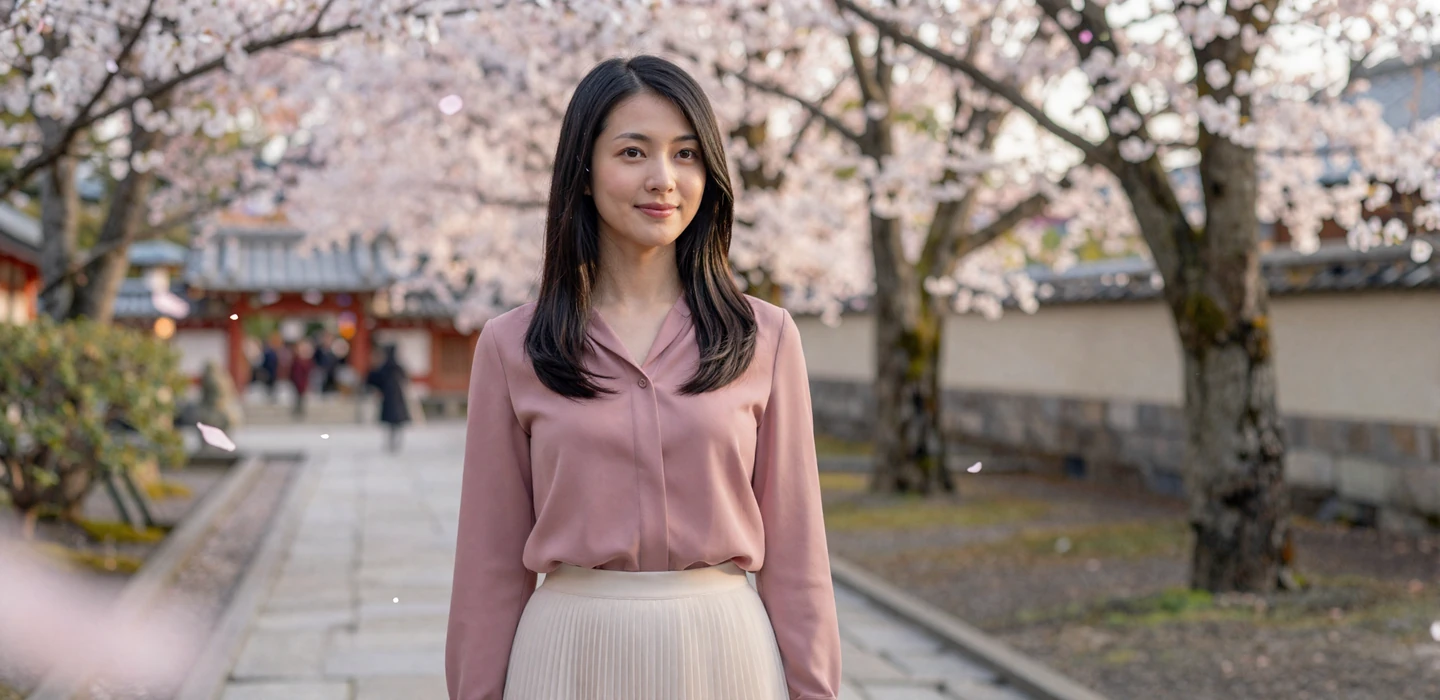 Elegant Japanese woman in dusty rose blouse near cherry blossom trees at a traditional temple garden in golden hour light
